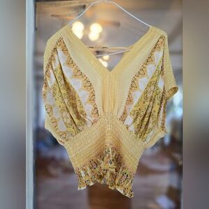 Rose + Olive Yellow Bright Crppped Patterned Top Small